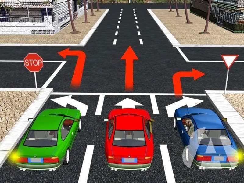 En esta intersección, ¿qué señal debe obedecer el vehículo azul para girar a la…